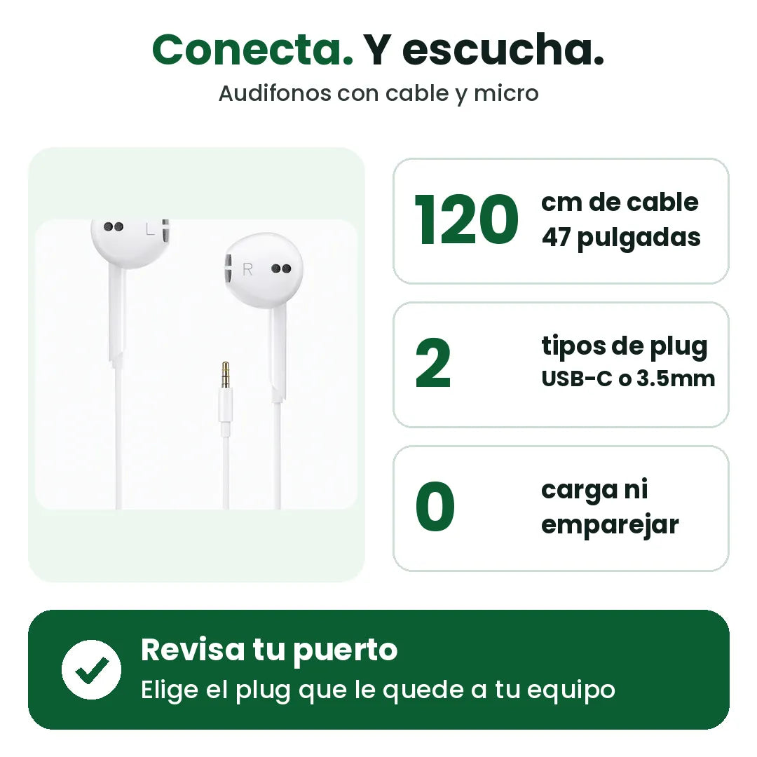Audifonos con cable y micro: cable de 120 cm, plug USB-C o 3.5 mm, sin carga