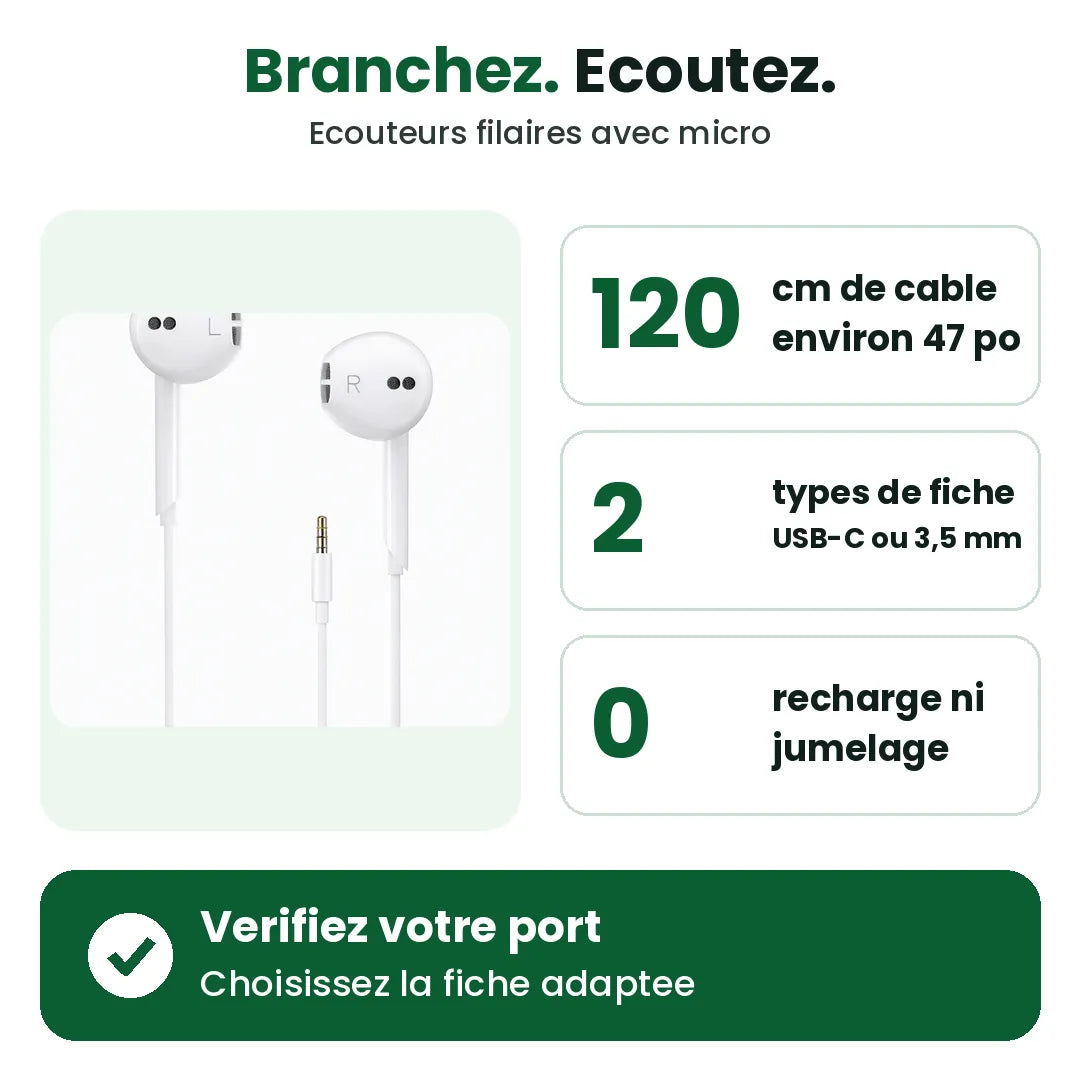 Ecouteurs filaires avec micro: cable de 120 cm, fiche USB-C ou 3,5 mm, sans recharge