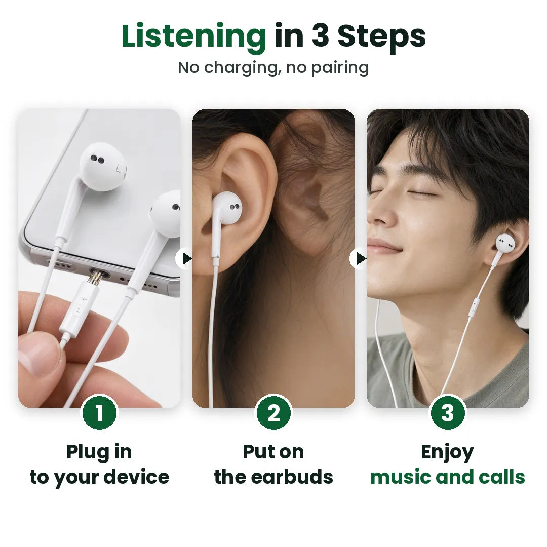 Three steps to use wired earbuds: plug in, put on, enjoy music and calls