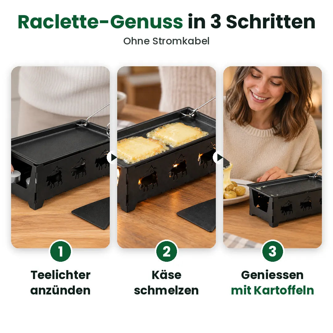 Drei Schritte zum Käseschmelzen mit dem Mini Raclette Ofen: anzünden, schmelzen, geniessen