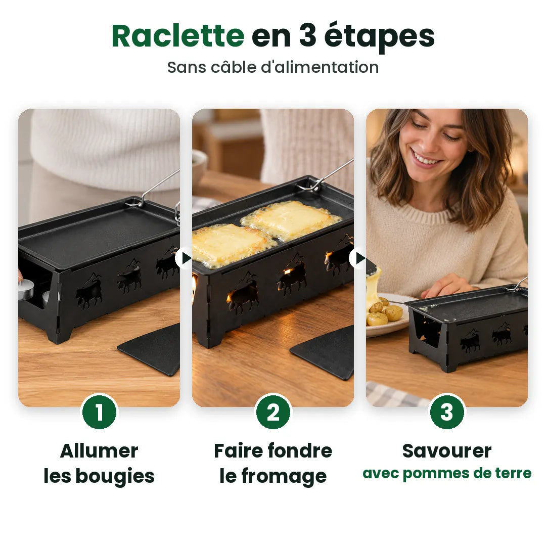 Trois étapes pour faire fondre le fromage avec le mini four à raclette : allumer, fondre, savourer