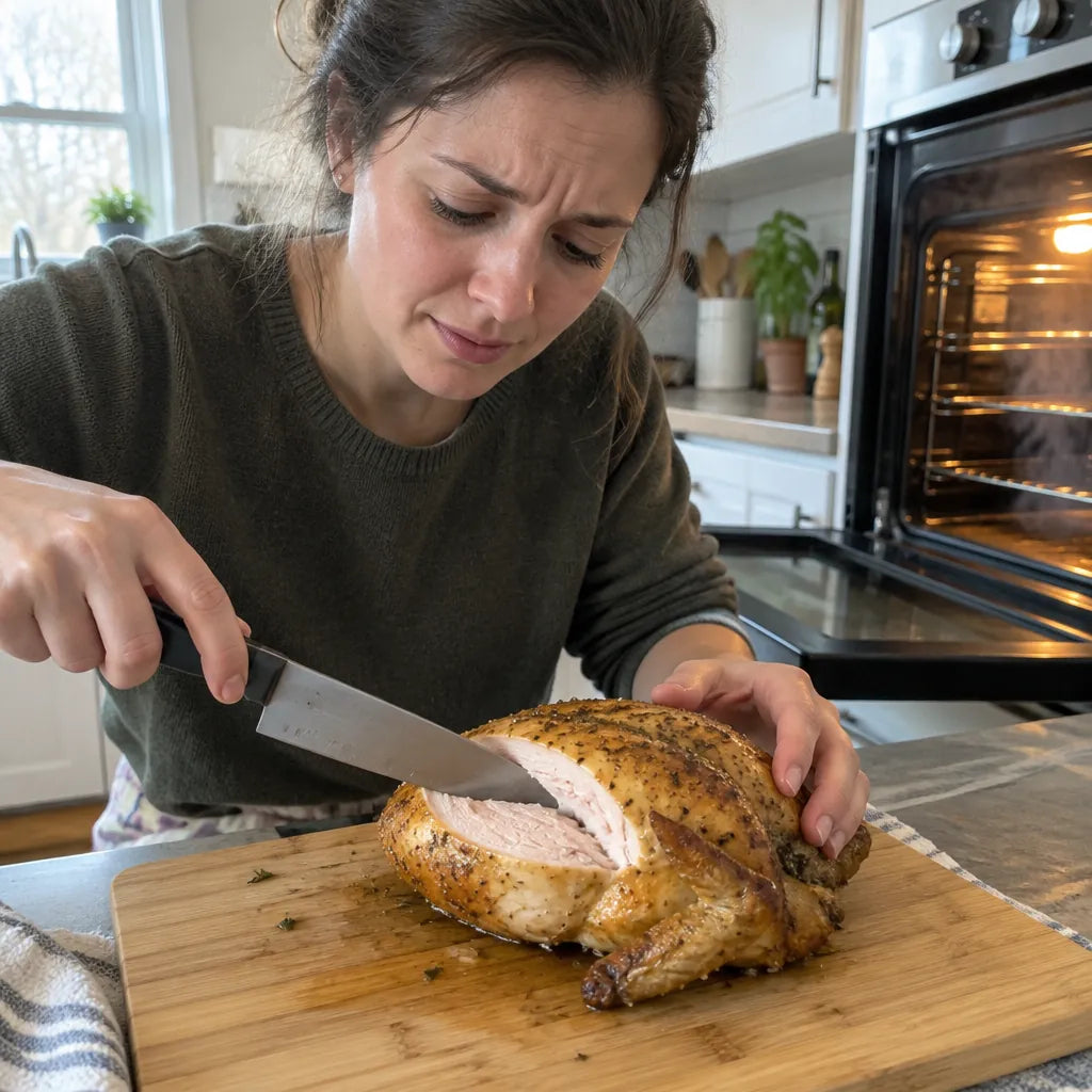 Person schneidet in der Küche ein gebratenes Poulet an, um zu prüfen, ob es gar ist