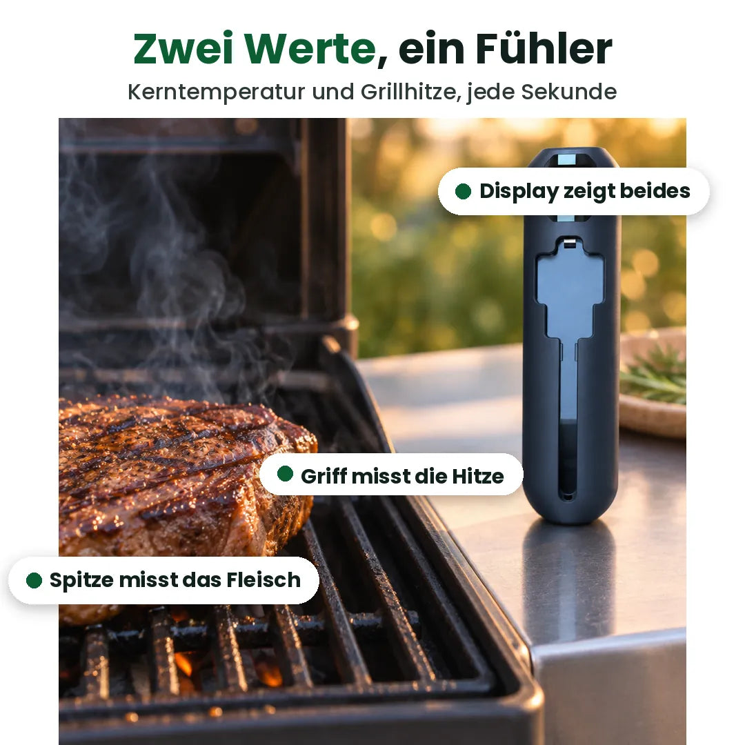 So funktioniert das kabellose Fleischthermometer: Spitze misst das Fleisch, Griff die Hitze