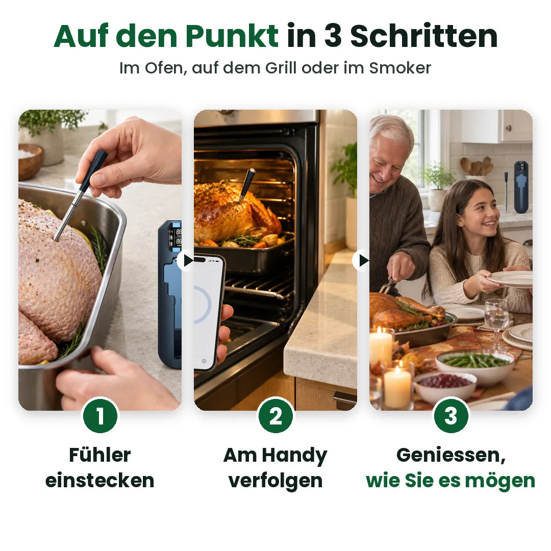 Drei Schritte mit dem Bratenthermometer: Fühler einstecken, am Handy verfolgen, servieren