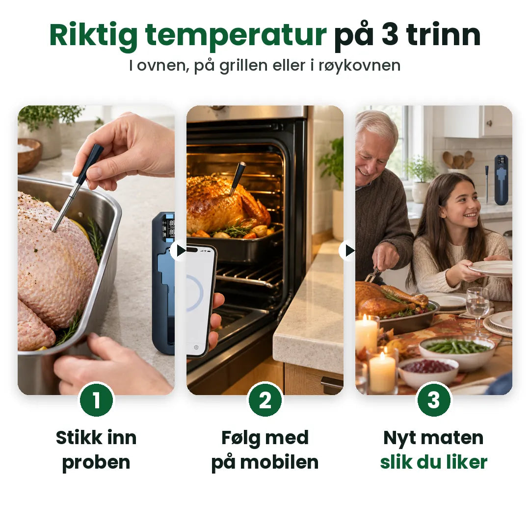 Tre trinn med steketermometeret: stikk inn proben, følg med på mobilen, server