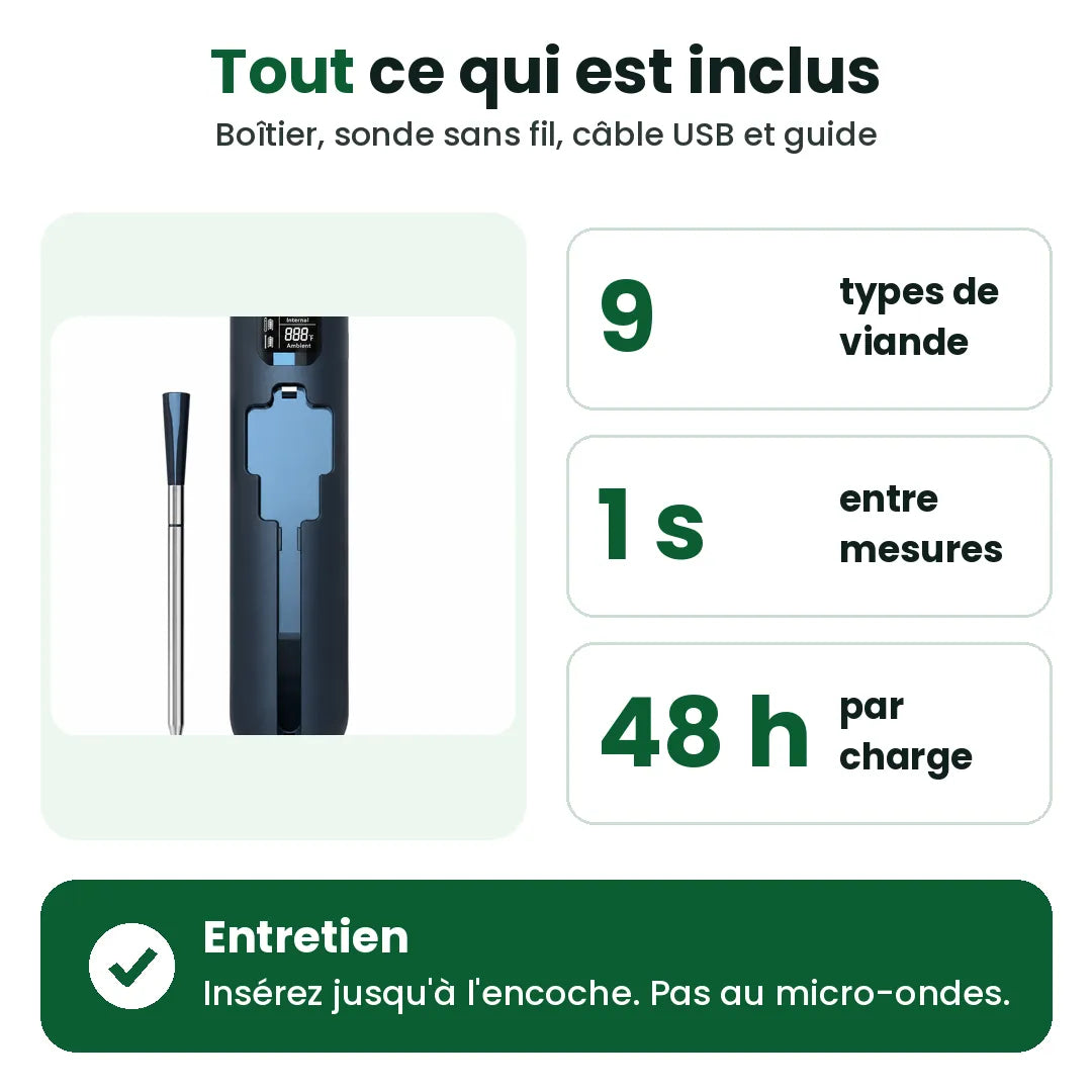 Contenu du thermomètre à viande sans fil : boîtier, sonde, 9 types de viande, 48 h par charge
