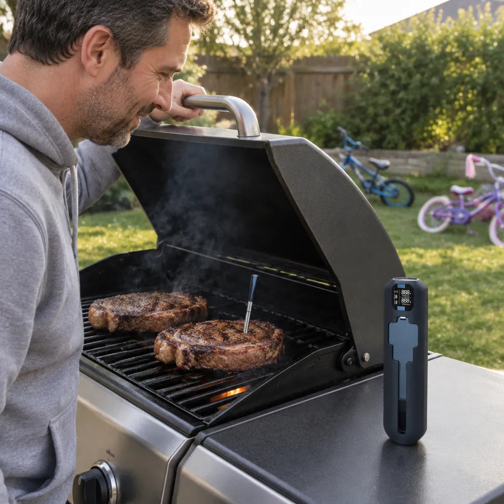 Dad checking two steaks on a gas grill with a wireless meat probe and its booster