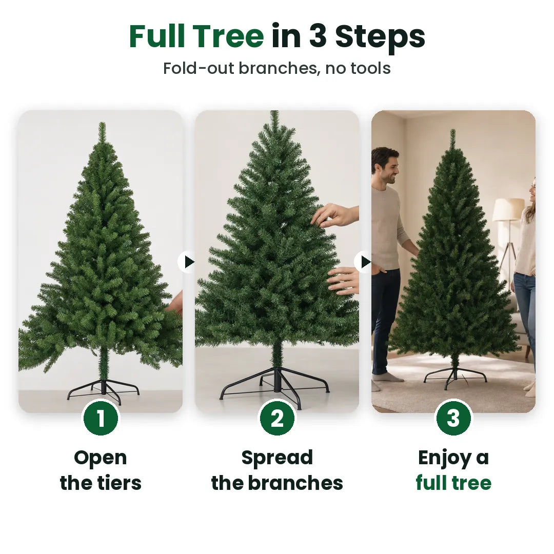 Three steps to set up a green artificial Christmas tree: open, spread, enjoy