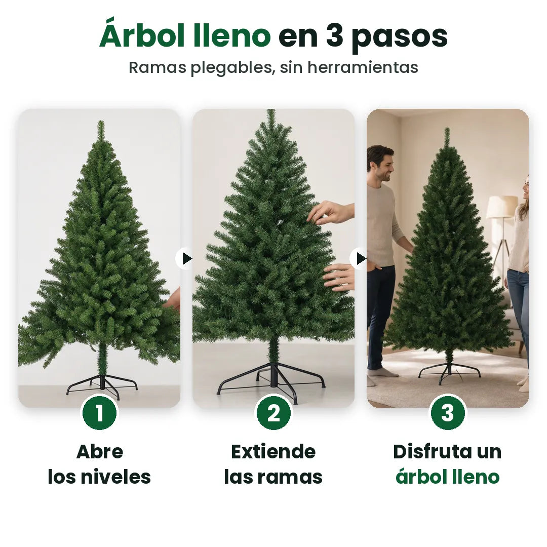 Tres pasos para armar un árbol de Navidad artificial verde: abrir, extender, disfrutar