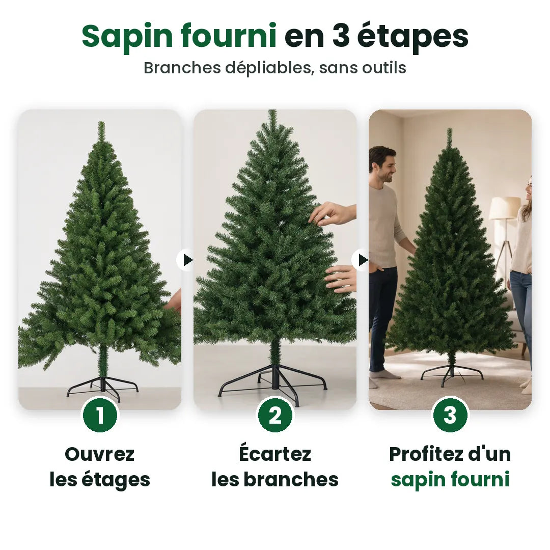 Trois étapes pour monter un sapin de Noël artificiel vert : ouvrir, écarter, profiter