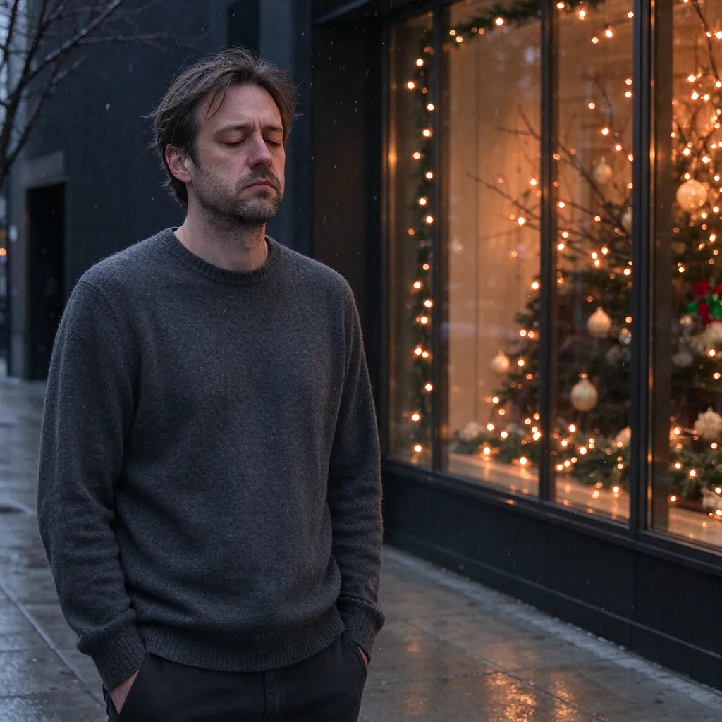Man in a plain grey sweater on a winter street beside a lit Christmas window