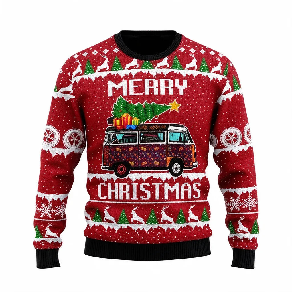 Red mens christmas jumper with camper van and tree design on white
