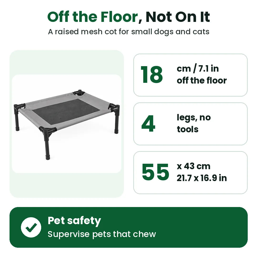 Raised dog bed size and height: 18 cm / 7.1 in off the floor, 55 x 43 cm