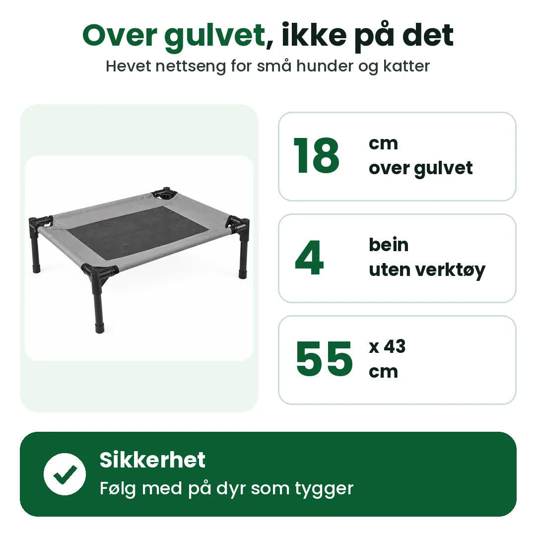 Mål på den hevede hundesengen: 18 cm over gulvet, 55 x 43 cm