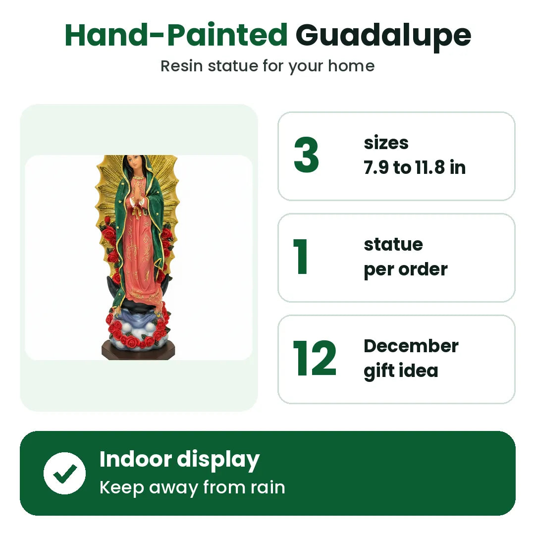 Hand-painted Guadalupe resin statue in 3 sizes from 7.9 to 11.8 in