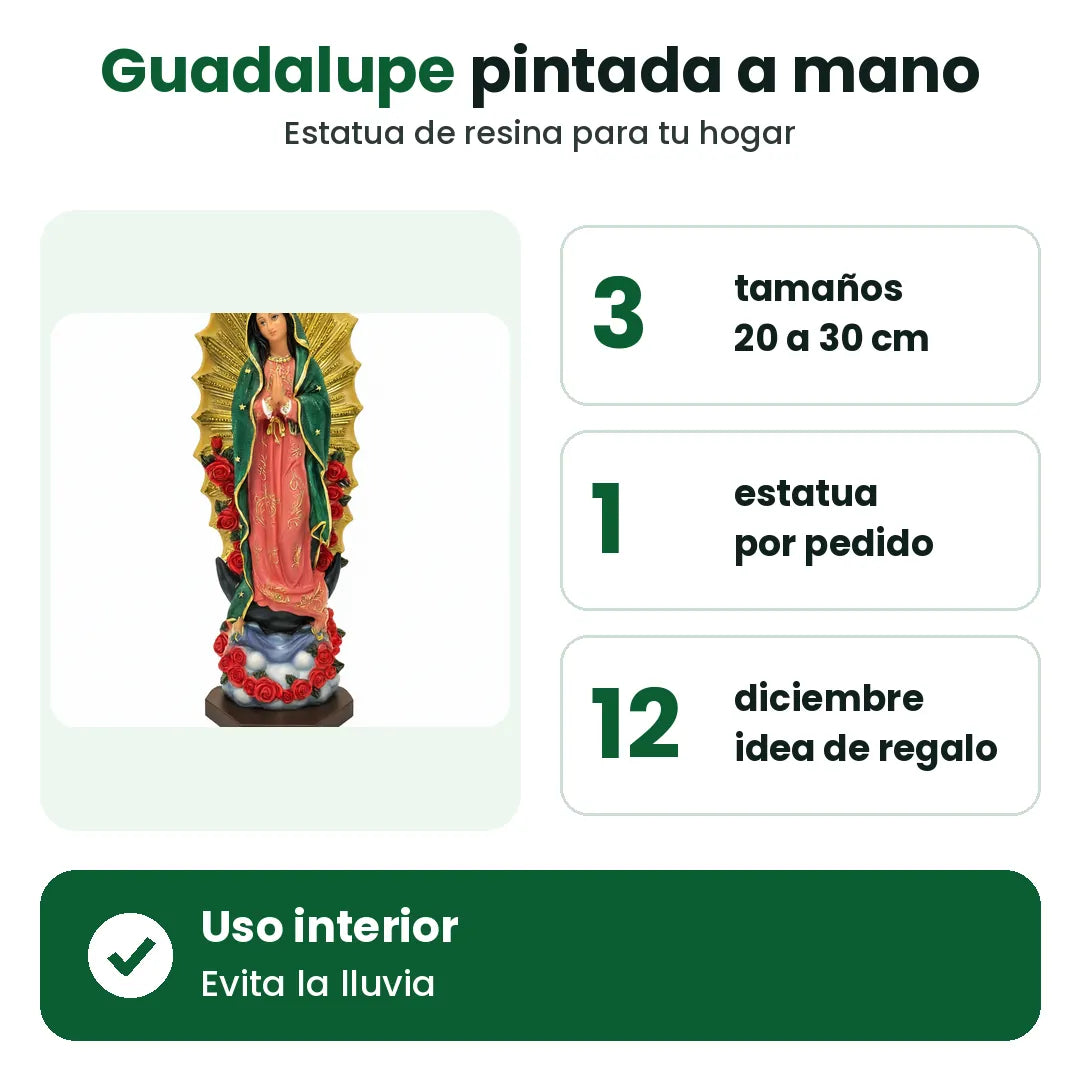 Estatua de Guadalupe de resina pintada a mano en 3 tamaños de 20 a 30 cm
