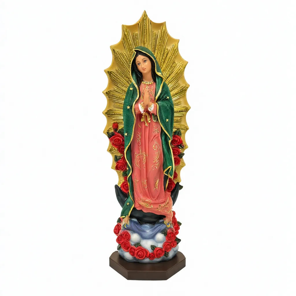 Hand-painted resin Our Lady of Guadalupe statue with gold halo and red roses on white