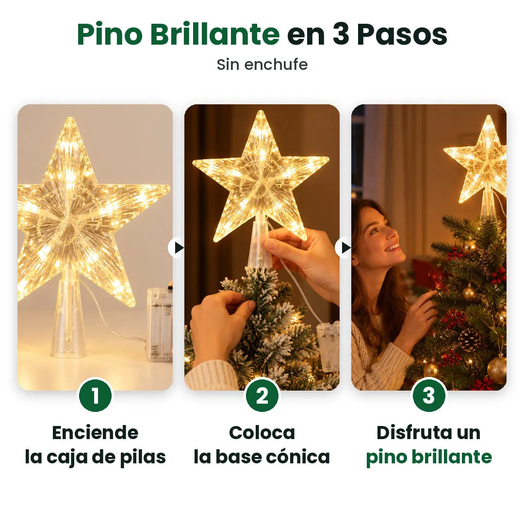 Tres pasos para poner una estrella LED en el árbol: enciende, coloca, disfruta