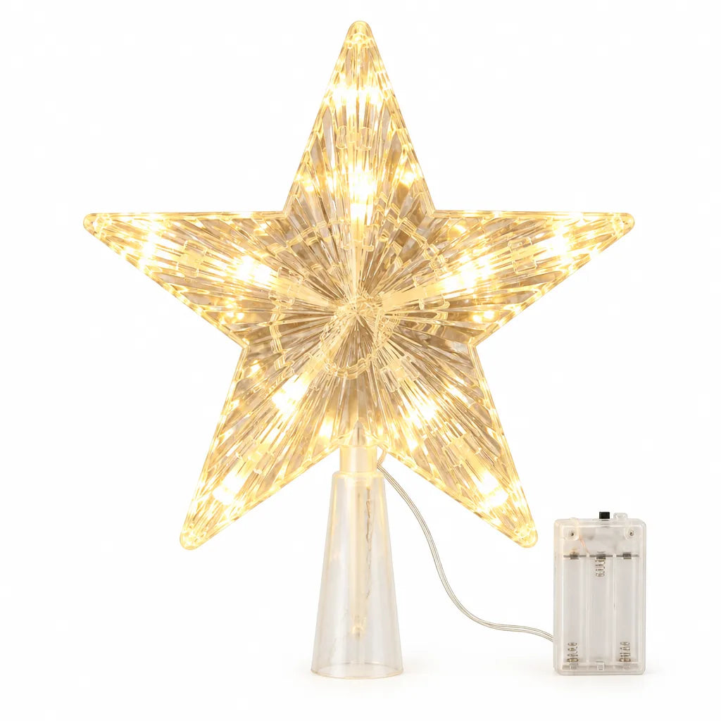 Clear lighted star Christmas tree topper with cone base and battery box on white