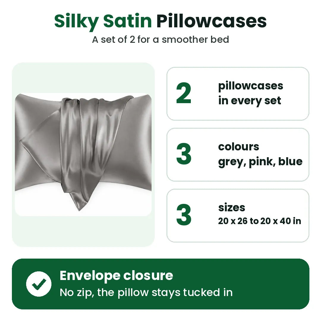 Silky satin pillowcase set of 2 in three colours and three sizes
