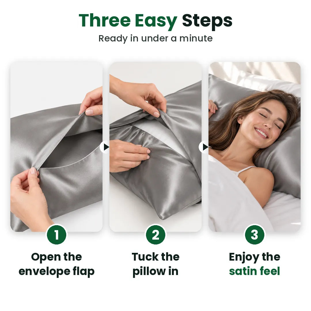 Three steps to put on a satin pillowcase with an envelope closure