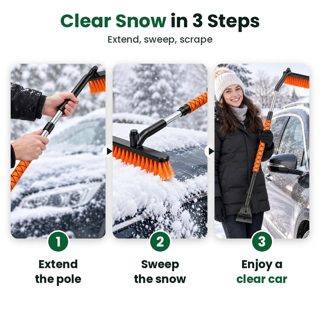 Three steps to clear a car of snow: extend the pole, sweep, scrape