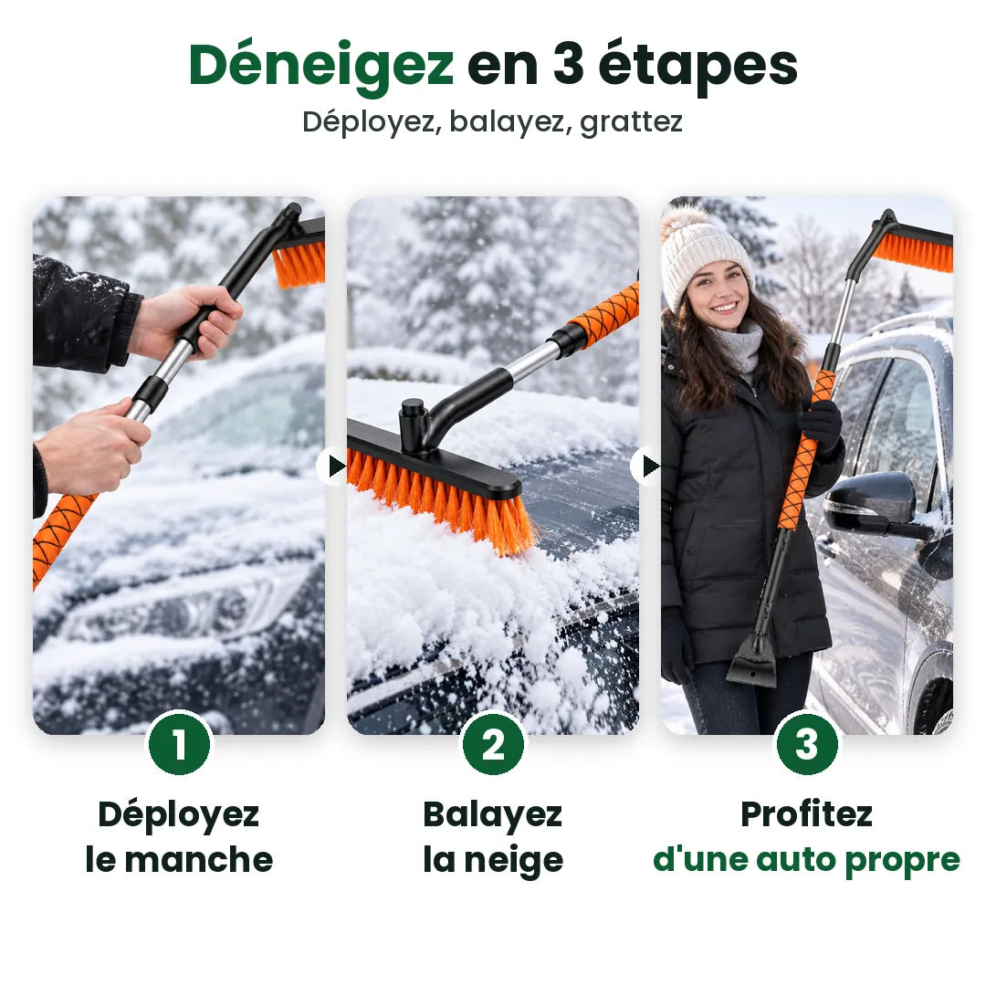 Trois étapes pour déneiger une auto : déployer le manche, balayer, gratter