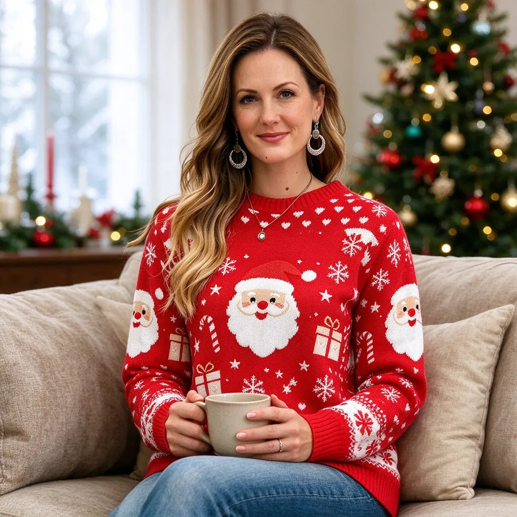 Woman in a red Santa Christmas jumper holding a mug on a sofa by the tree