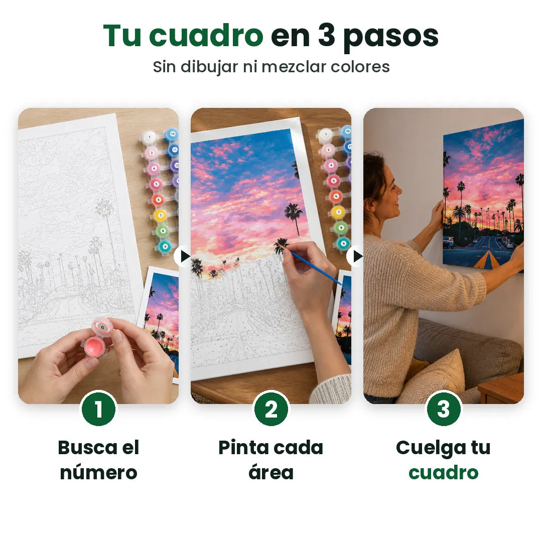 Tres pasos para pintar por números: busca el número, pinta cada área y cuelga tu cuadro