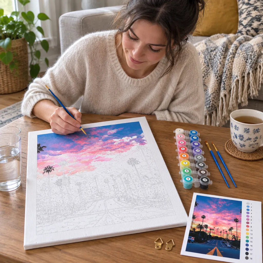 Woman painting a palm sunset paint by numbers canvas at her living room coffee table