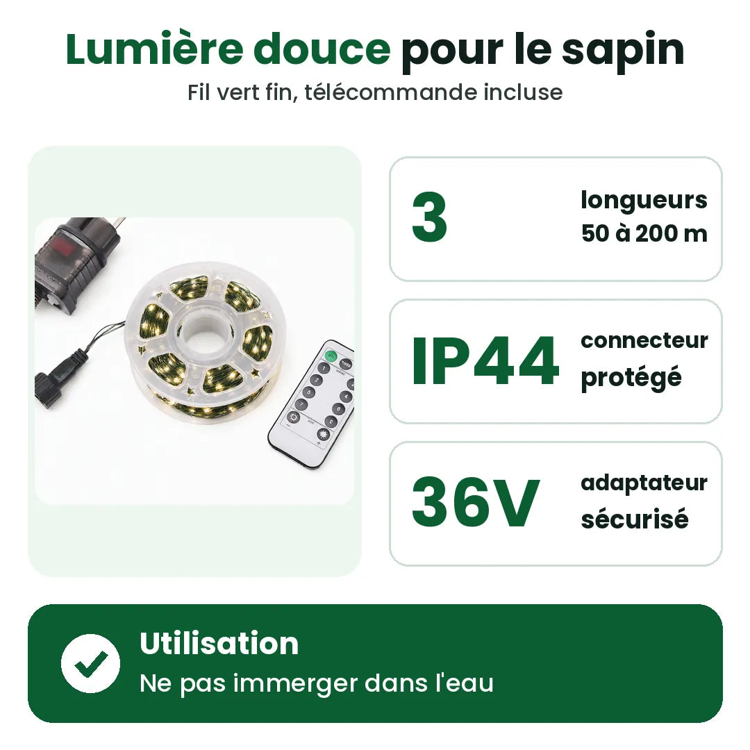Guirlande lumineuse sapin LED blanc chaud avec télécommande, trois longueurs et connecteur IP44