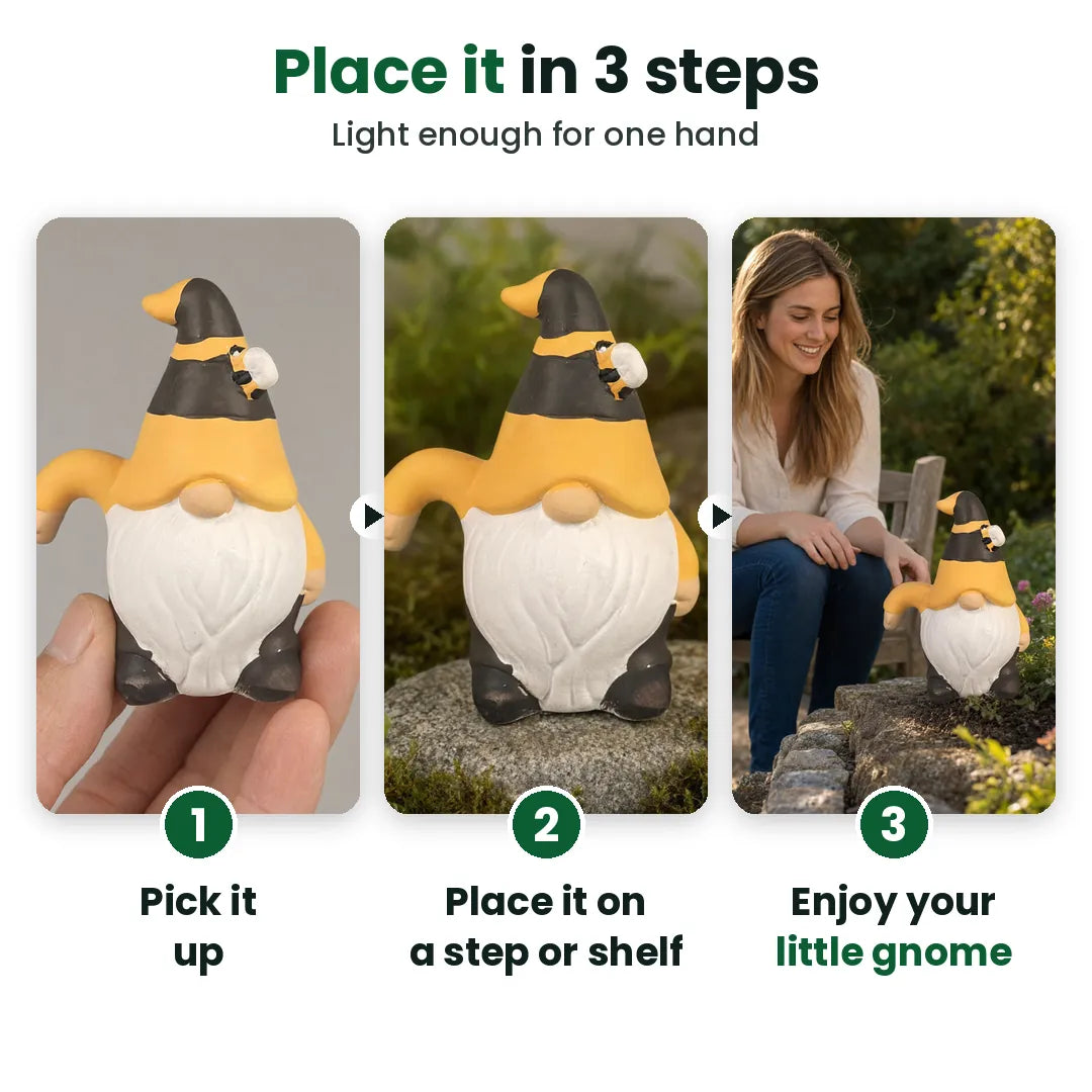 Three steps to place a ceramic garden gnome statue: pick up, place, enjoy
