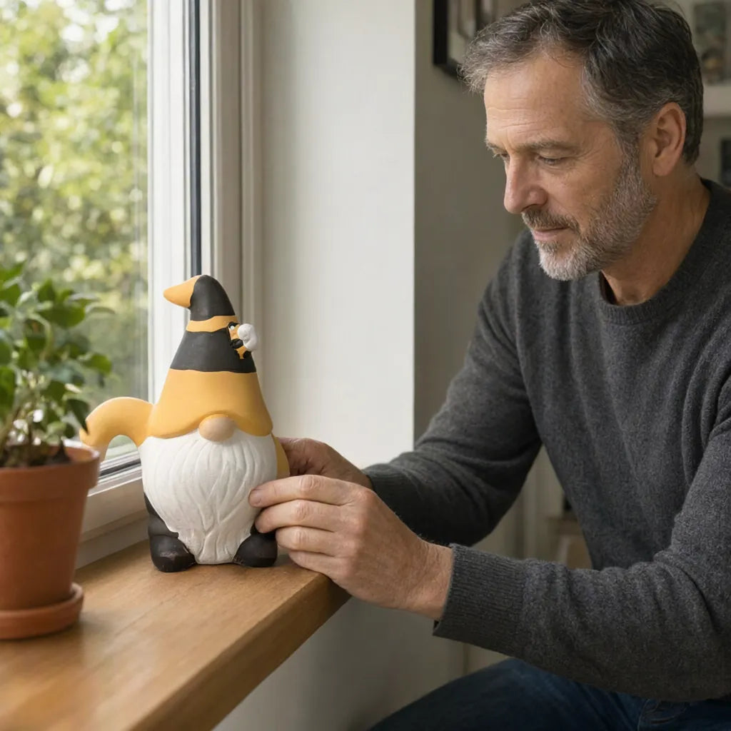 Man placing a small ceramic gnome figurine on a windowsill beside a houseplant