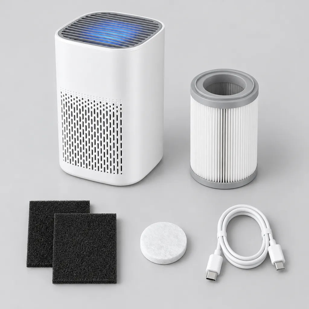 HEPA air purifier for home with filter, carbon pads, aroma tablet and USB-C cable laid out on a grey surface