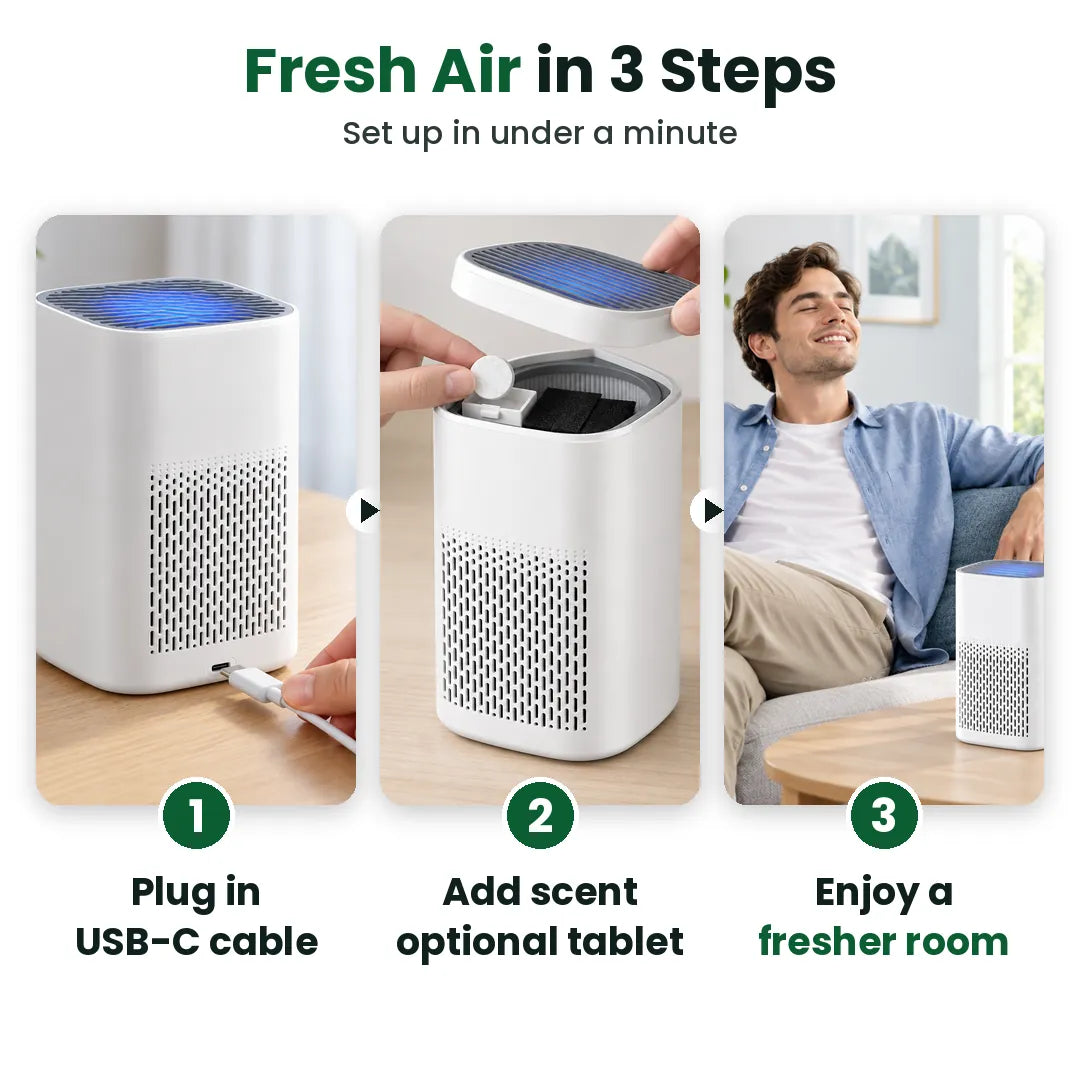Three steps to use a small HEPA air purifier: plug in, add scent, enjoy a fresher room
