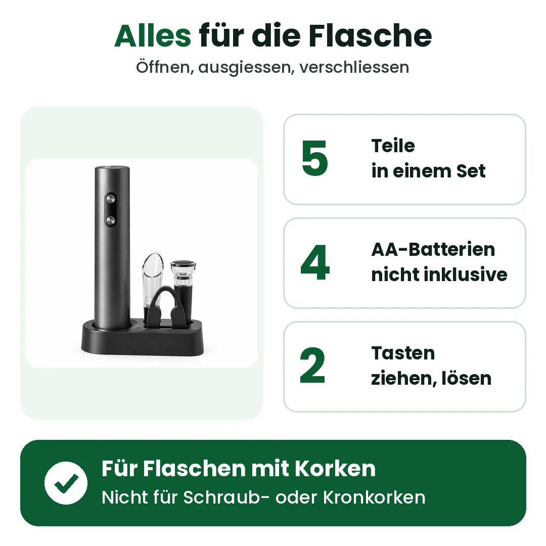 Elektrischer Korkenzieher Set: 5 Teile, 4 AA-Batterien, zwei Tasten