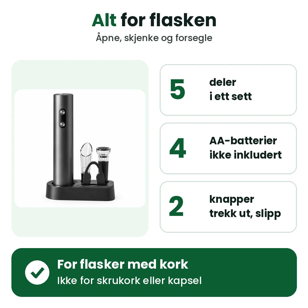 Elektrisk vinåpner sett: 5 deler, 4 AA-batterier og to knapper