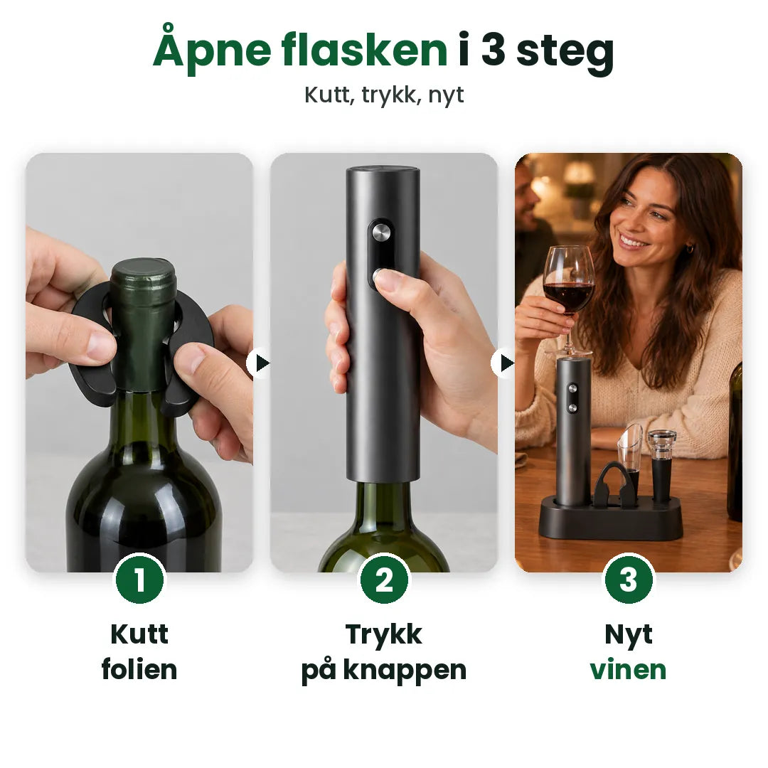 Slik bruker du den elektriske korketrekkeren: kutt folien, trykk, nyt vinen