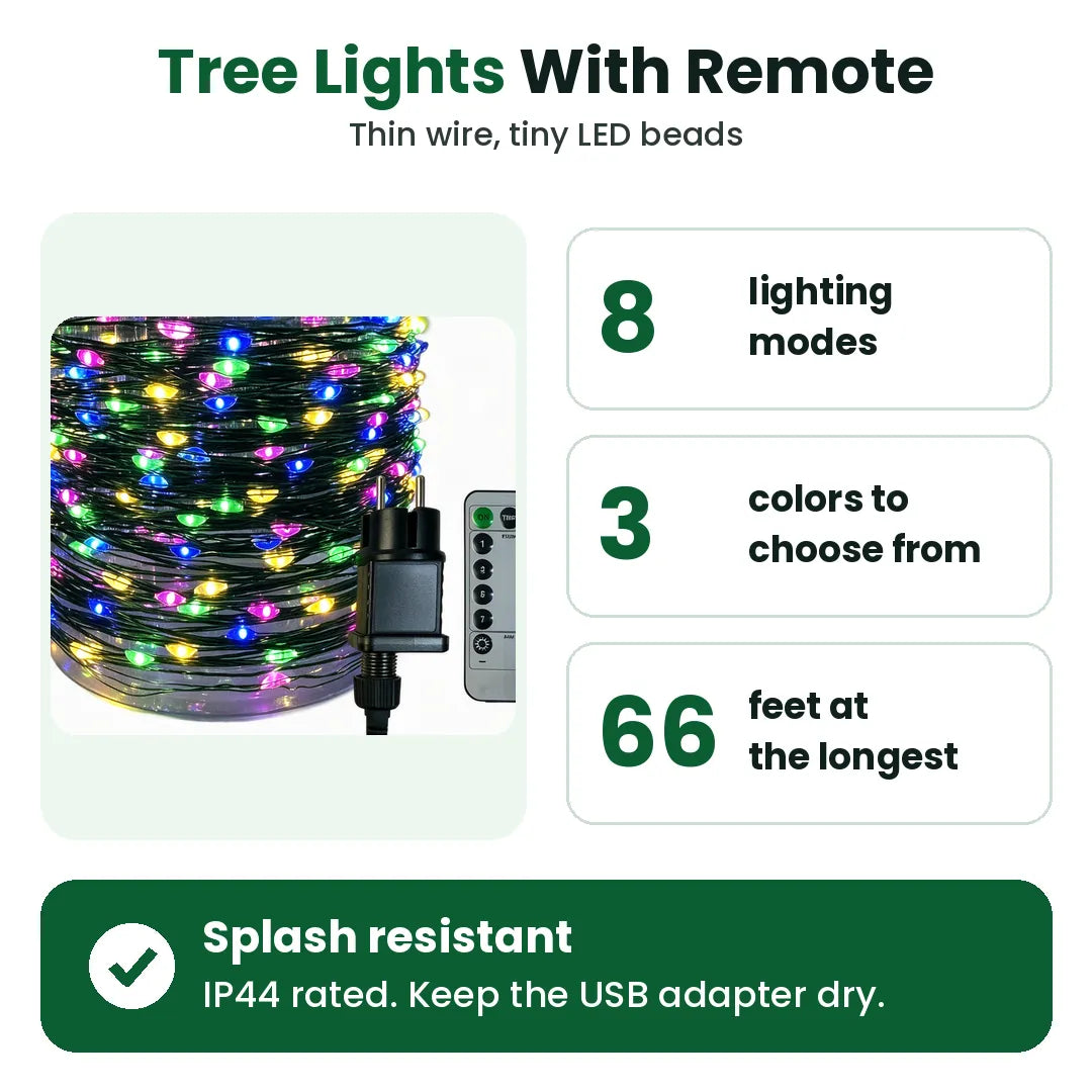 LED Christmas string lights with 8 modes, 3 colors and up to 66 feet