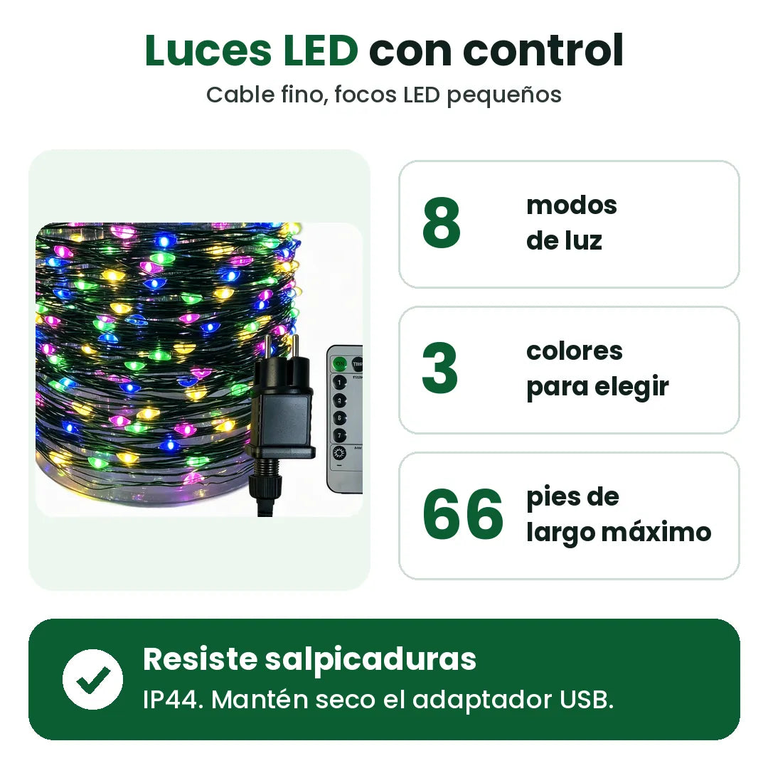 Luces de Navidad LED con 8 modos, 3 colores y hasta 66 pies