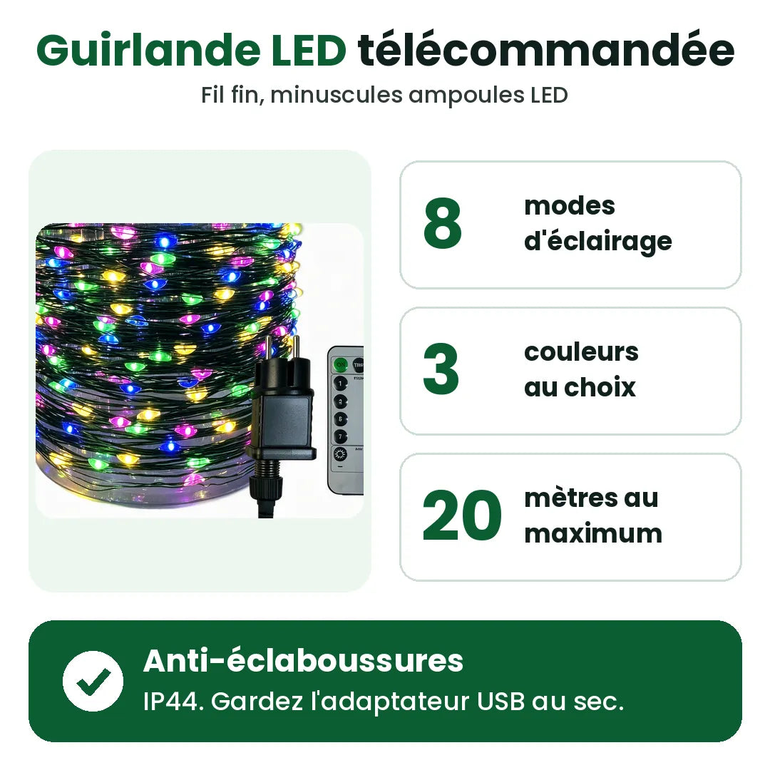 Guirlande lumineuse LED de Noël avec 8 modes, 3 couleurs et jusqu'à 20 mètres