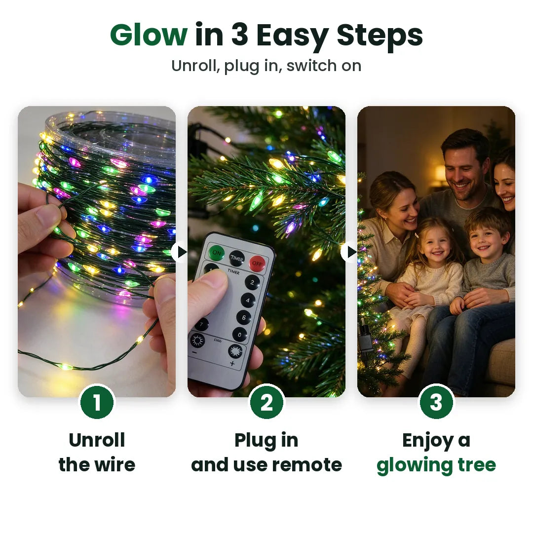 Three steps: unroll the LED lights, plug in, enjoy a glowing tree