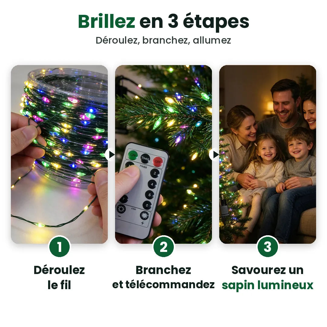 Trois étapes : déroulez la guirlande LED, branchez, savourez un sapin lumineux