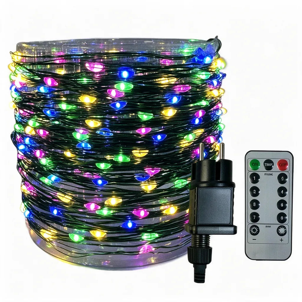 LED Christmas string lights on a clear reel with USB remote, white background