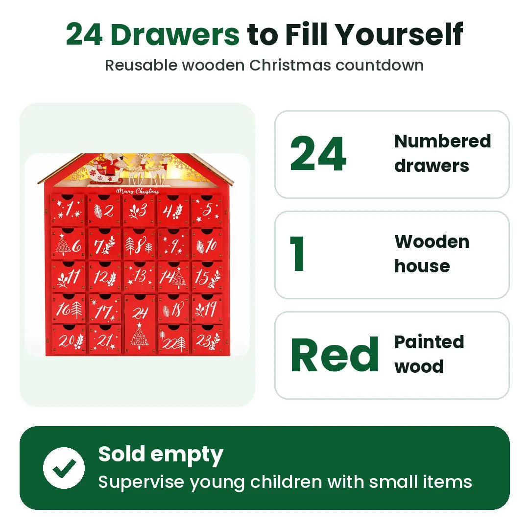 Wooden advent calendar with 24 drawers to fill yourself, reusable Christmas countdown