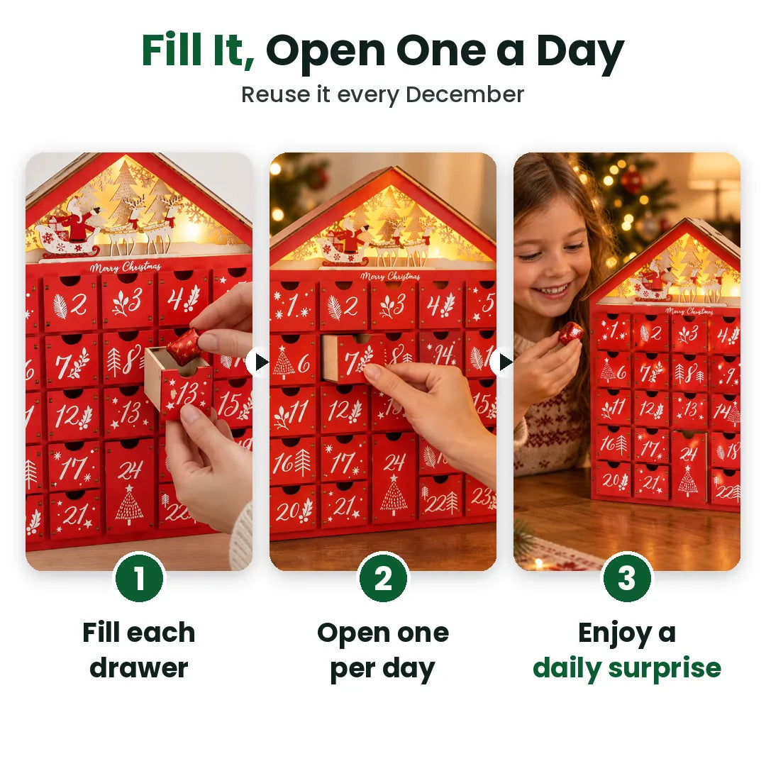 Three steps: fill each drawer, open one a day, enjoy a daily surprise with the advent calendar