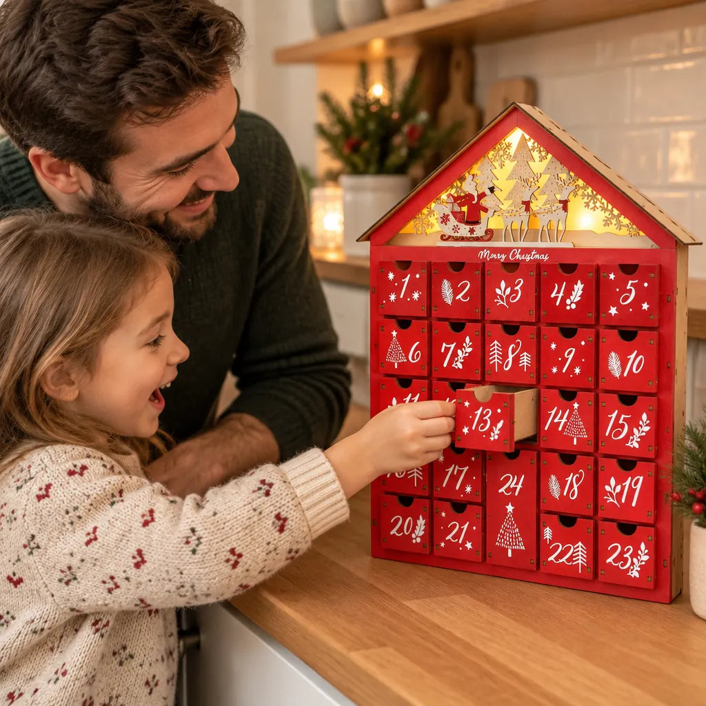 Father and child opening a drawer of the red wooden advent calendar in the kitchen