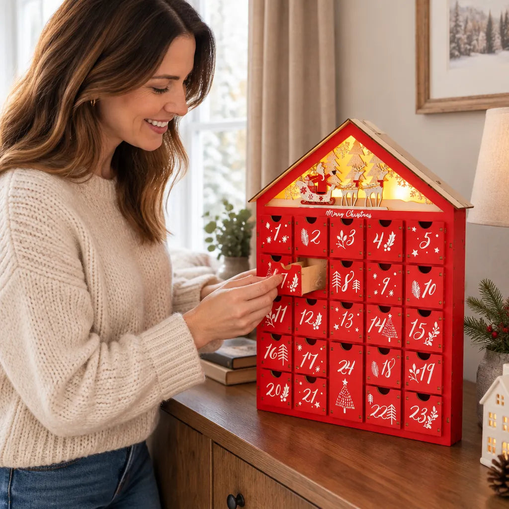 Woman opening a drawer of the wooden advent calendar house on a living room sideboard