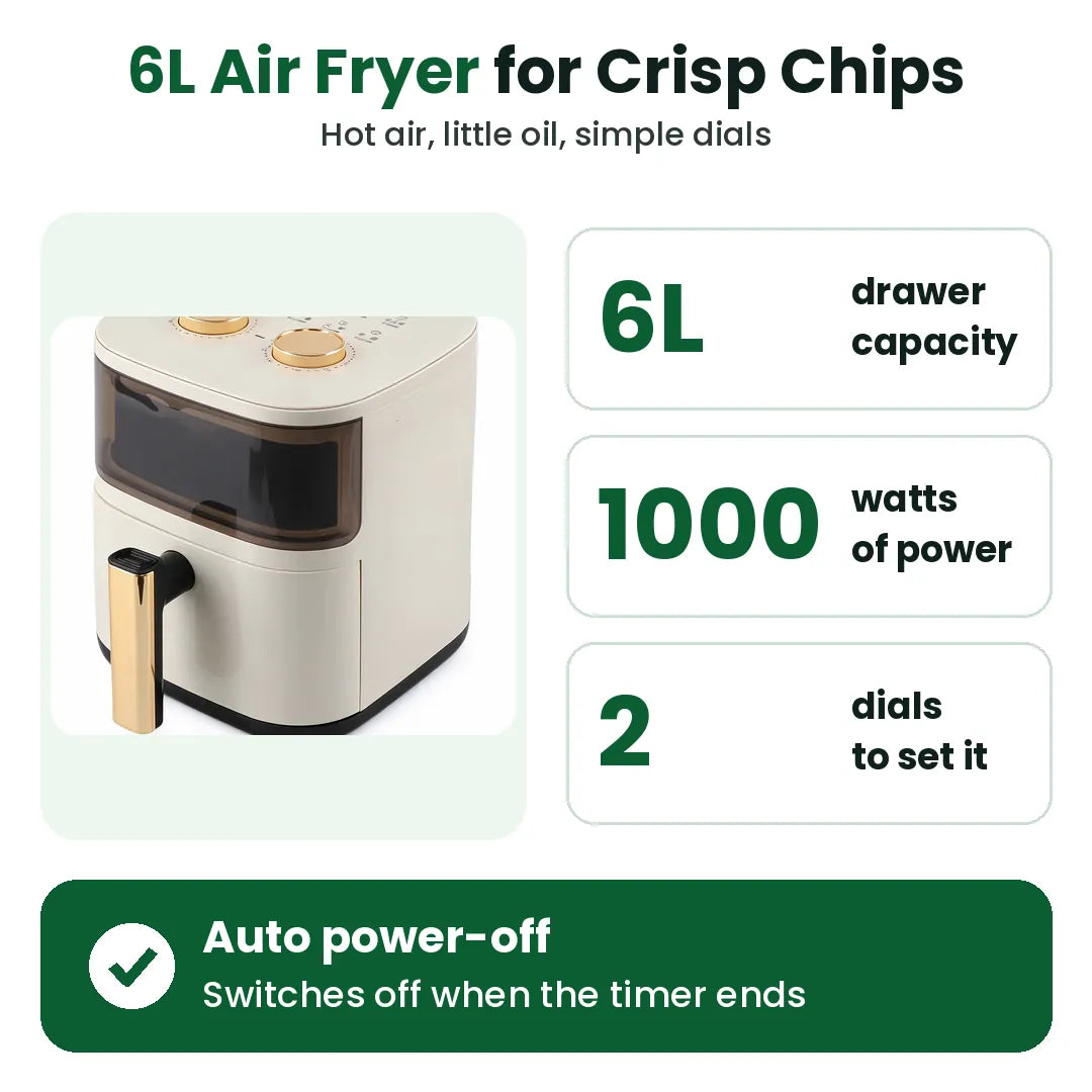 6L white air fryer with 1000 W power, two dials and automatic power-off