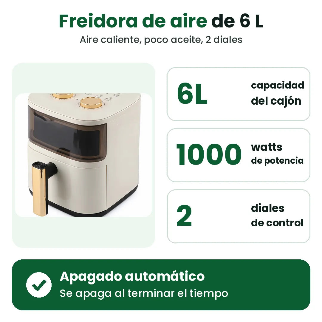 Freidora de aire blanca de 6 L con 1000 W, dos diales y apagado automático